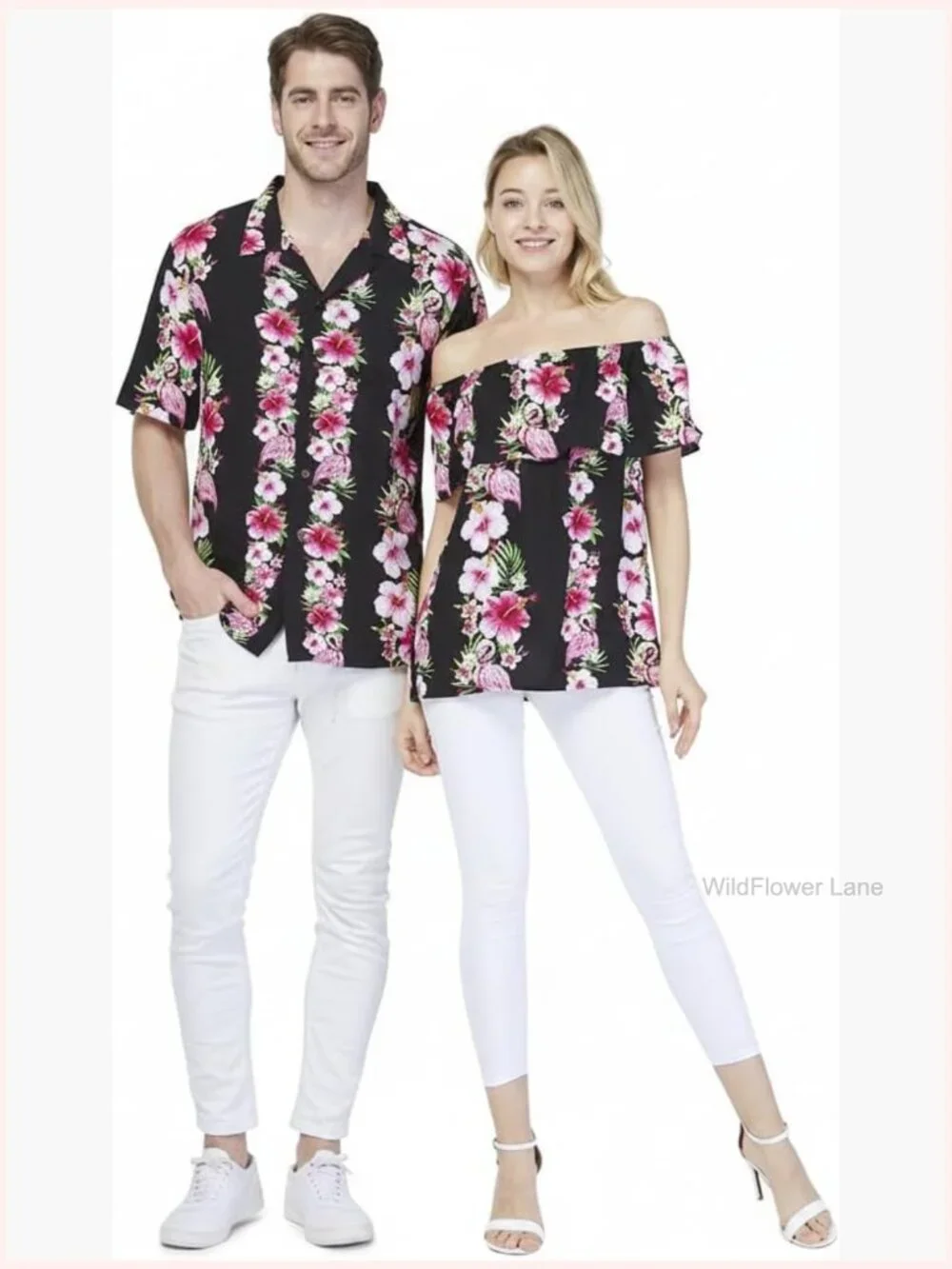 Matching Hawaiian Luau Shirt & Off-Shoulder Ruffle Top Set